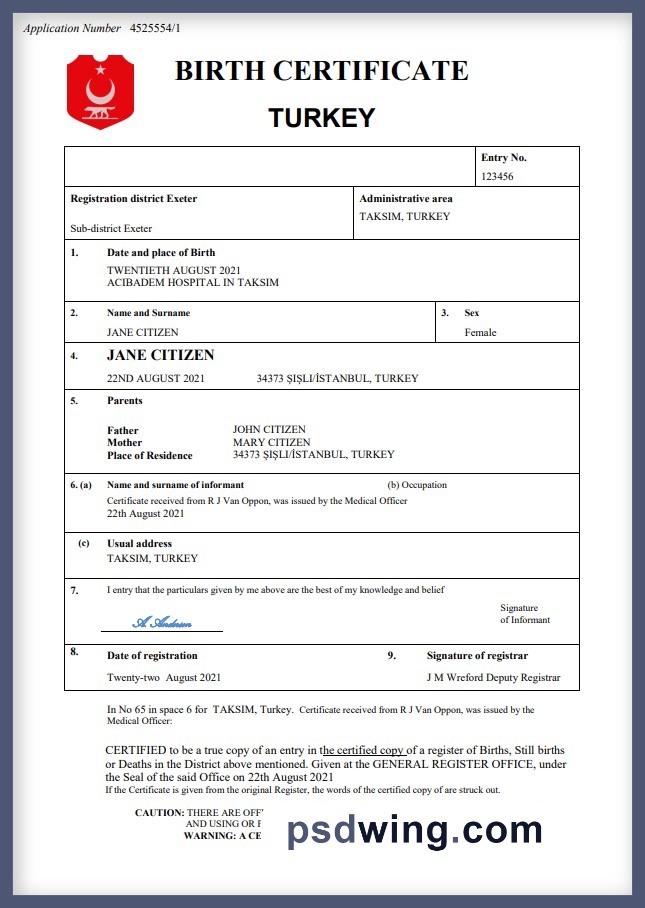 Turkey Birth Certificate (Word & PDF)